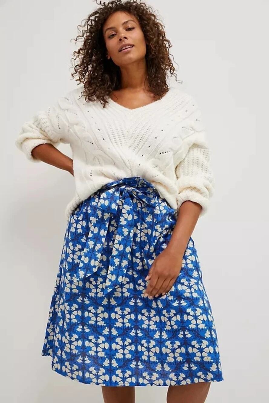 PORRIDGE Lanai Paper Bag Midi Skirt Blue Floral Cotton Linen Belted Women's S